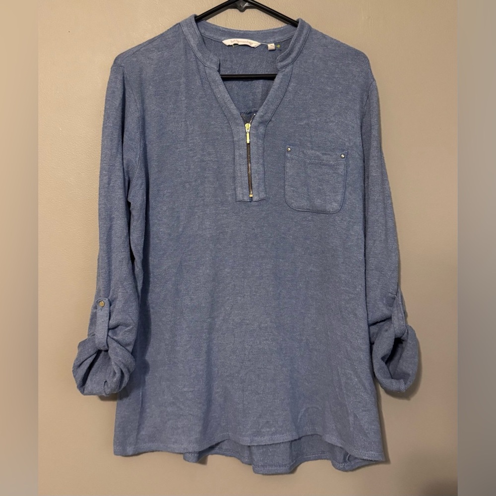 SOFT SURROUNDINGS Blue Tunic Sweater Gold Zipper Roll Tab Sleeve Accents Women M